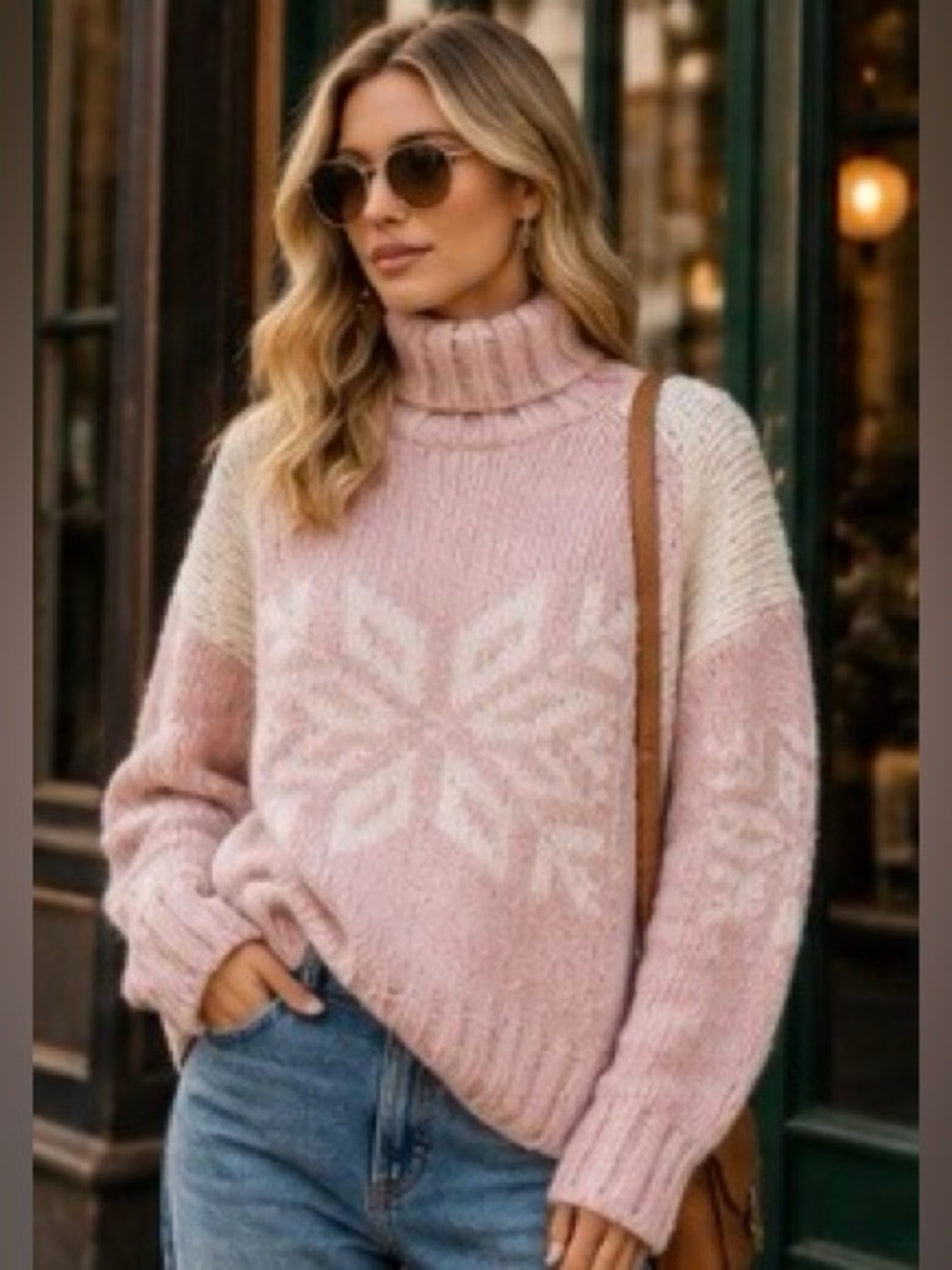 J.Crew Alpaca Wool Snowflake Turtleneck Sweater Pink Cream L Oversized NWT